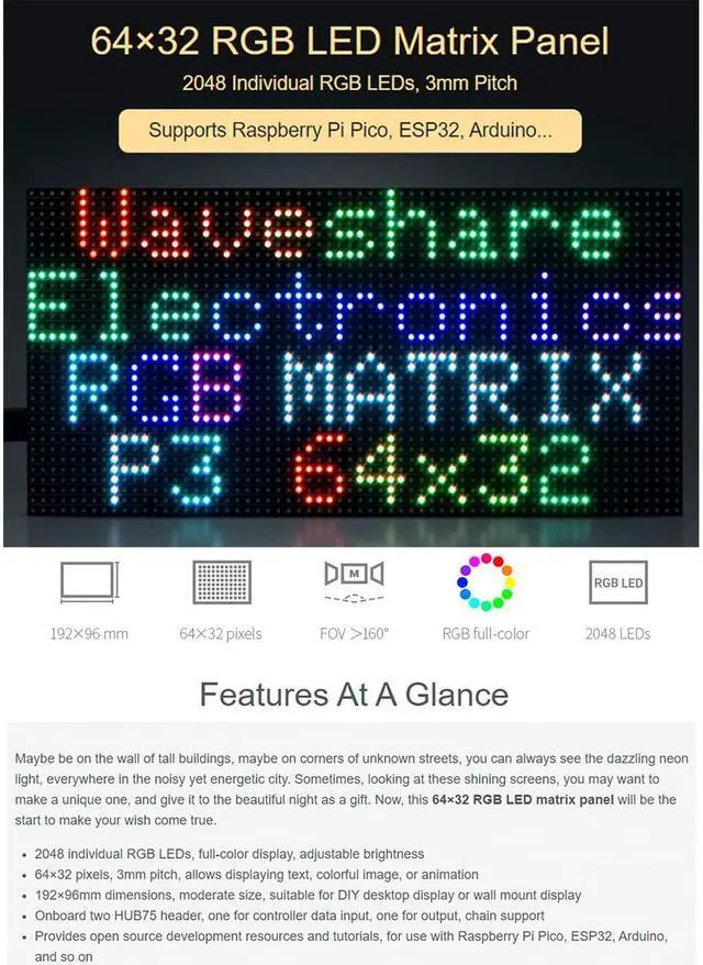 Alt view image 2 of 5 - RGB LED Matrix Panel 64x32, 2048 DOTS Pixels 3mm Pitch,Compatible with Arduino/Raspberry Pi Pico/ESP32,Allow Displaying Text, Colorful Image, Animation, Adjustable Brightness Chainable Design
