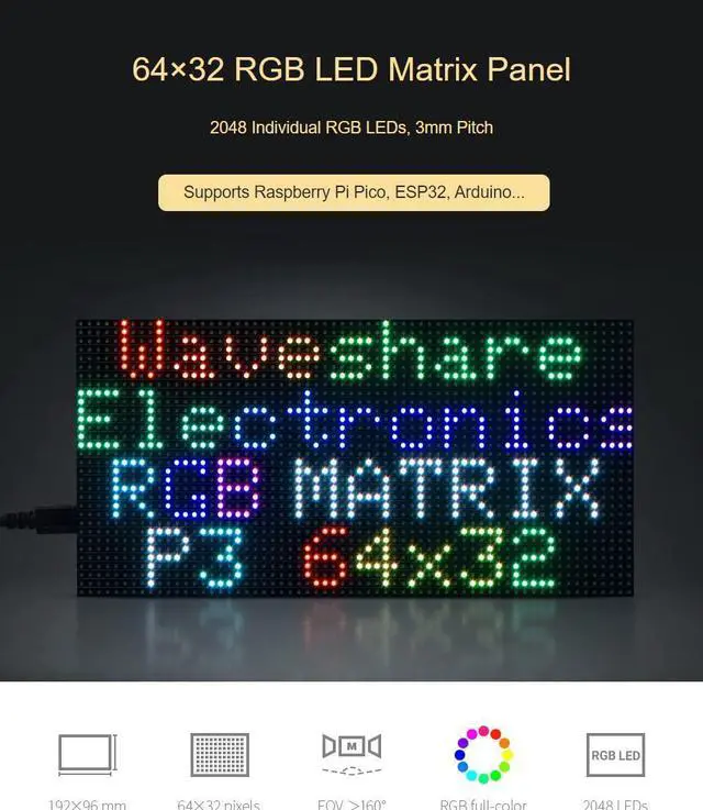Alt view image 3 of 5 - Waveshare RGB Full-Color LED Matrix Panel 64×32 Pixels Display Screen 2048 Individual LEDs 3mm Pitch Compatible with Raspberry Pi 5/4B/3B/Zero/Zero W/Zero 2W/Pico/Pico W/Pico WH, ESP32
