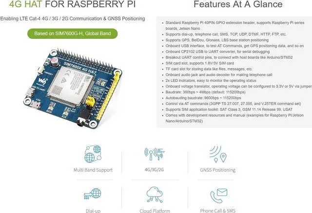 Alt view image 3 of 5 - Waveshare 4G/3G/2G/GSM/GPRS/GNSS HAT, Compatible with Raspberry Pi 5/4B/3B/Zero/Zero W/Zero 2W/Pico/Pico W/Pico WH, LTE Cat-4 4G / 3G / 2G Support, GNSS Positioning, Global Band
