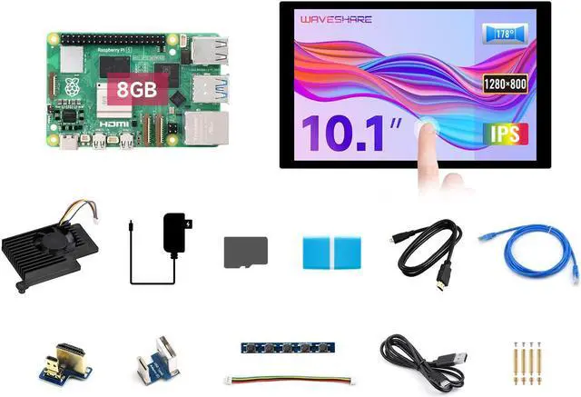 Main image of Waveshare Display Kit, Compatible with Raspberry Pi 5 8GB, Bundle with Pi 5 8GB, 10.1inch LCD, Cooler, 64GB TF Card, Cable and so on (14 items)