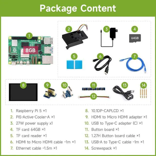 Alt view image 2 of 5 - Waveshare Display Kit, Compatible with Raspberry Pi 5 8GB, Bundle with Pi 5 8GB, 10.1inch LCD, Cooler, 64GB TF Card, Cable and so on (14 items)