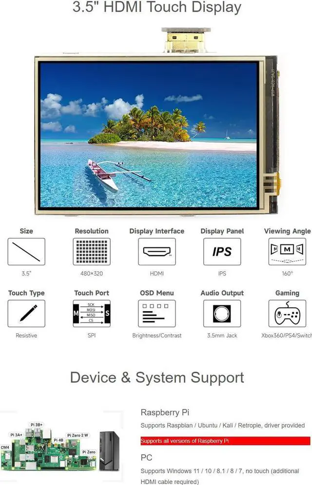 Alt view image 3 of 5 - Waveshare 3.5inch Resistive Touch Screen LCD, Compatible with Raspberry Pi 5/4B/3B/Zero/Zero W/Zero 2W/Pico/Pico W/Pico WH, 480×320, HDMI, IPS, Supports Windows 11/10 / 8.1/8 / 7