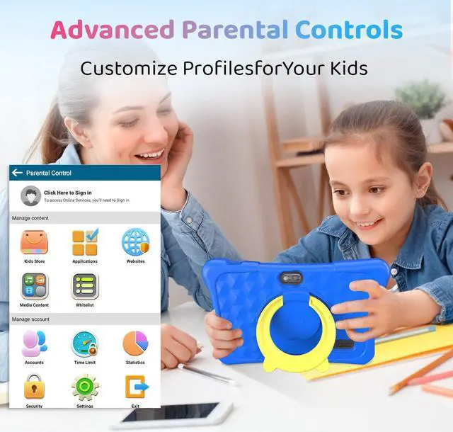 Alt view image 4 of 5 - Kids Tablet, 7 inch Android 15 Tablet for Kids, 8GB+32GB 1TB Expand, Quad-Core Toddler Tablets with Shockproof Case, BT5.0, WiFi 5, Parental Control, Games, Dual Camera (Blue)