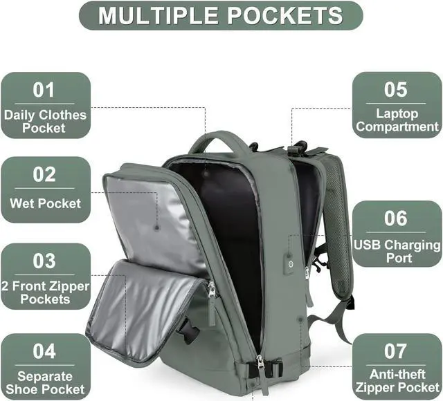 Alt view image 5 of 5 - coofay Large Travel Backpack For Women Men Airline Approved Carry On Backpack Flight Approved Waterproof Sports Luggage Backpack Casual Daypack Small Hiking Backpack