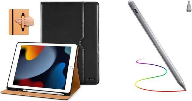 Main image of DTTO iPad 9th/8th/7th Generation 10.2 Inch Leather Case 2021/2020/2019 Bundle with Stylus Pen for iPad 9/8/7/6th Gen, Black and Grey
