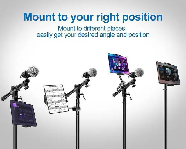 Alt view image 2 of 5 - elitehood Aluminum iPad Holder for Mic Stand, Side Mount iPad Music Stand Holder for Microphone, 360° Swivel Tilt Adjustable Mic Tablet Mount for 4-13in iPhone, Cell Phones and Tablets