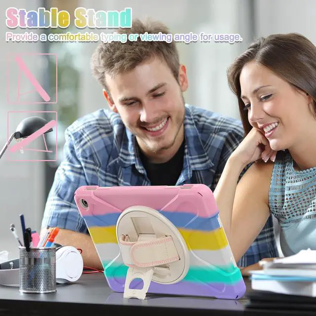 Alt view image 2 of 5 - for Amazon Fire HD 10 & Fire HD 10 Kids Pro Tablet Case (13th Gen, 2023 Release), Heavy Duty Shockproof Case with Hand/Shoulder Strap Rotating Kickstand, Colourful Pink