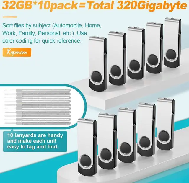 Alt view image 5 of 5 - 32GB Flash Drive 10 Pack, Kepmem Thumb Drive 32 GB Bulk Memory Stick Silver Pendrive 32 Gig USB Drive 2.0 Metal Jump Drive Swivel USB Stick Portable Zip Drive for Data Storage with 10pce Ropes Gift