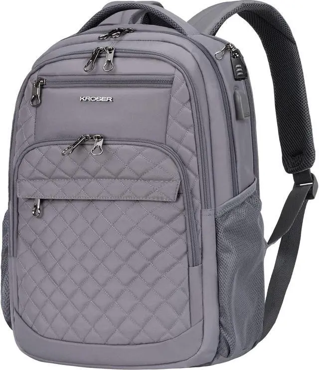 Main image of KROSER Travel Laptop Backpack 17 Inch Large Computer Backpack Water-Repellent Daypack with USB Charging Port & Headphone Interface RFID Pockets for Work/Business/College/Men/Women Dark grey(Quilted)