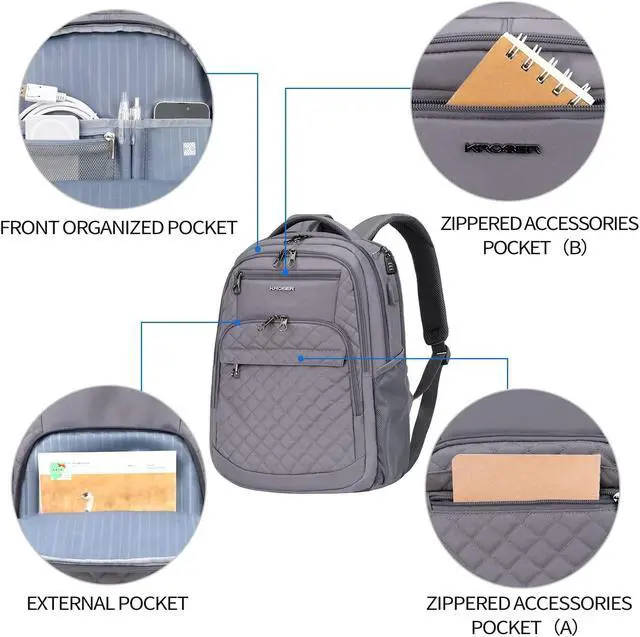 Alt view image 2 of 5 - KROSER Travel Laptop Backpack 17 Inch Large Computer Backpack Water-Repellent Daypack with USB Charging Port & Headphone Interface RFID Pockets for Work/Business/College/Men/Women Dark grey(Quilted)