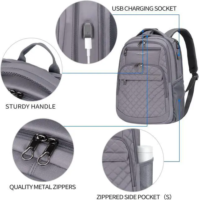 Alt view image 3 of 5 - KROSER Travel Laptop Backpack 17 Inch Large Computer Backpack Water-Repellent Daypack with USB Charging Port & Headphone Interface RFID Pockets for Work/Business/College/Men/Women Dark grey(Quilted)