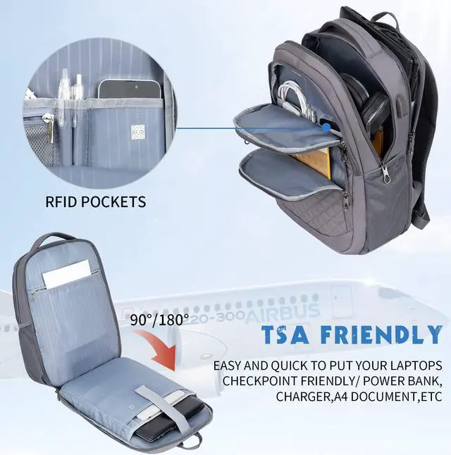 Alt view image 4 of 5 - KROSER Travel Laptop Backpack 17 Inch Large Computer Backpack Water-Repellent Daypack with USB Charging Port & Headphone Interface RFID Pockets for Work/Business/College/Men/Women Dark grey(Quilted)