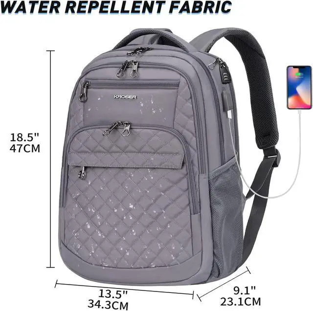 Alt view image 5 of 5 - KROSER Travel Laptop Backpack 17 Inch Large Computer Backpack Water-Repellent Daypack with USB Charging Port & Headphone Interface RFID Pockets for Work/Business/College/Men/Women Dark grey(Quilted)