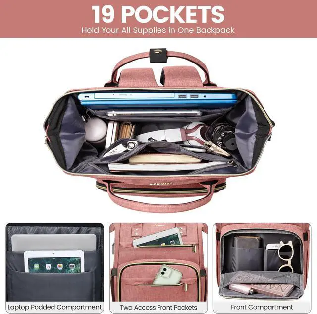 Alt view image 2 of 5 - LOVEVOOK Laptop Backpack for Women,17 Inch Professional Womens Travel Backpack Purse Computer Laptop Bag Nurse Teacher Backpack,Waterproof College Work Bags Carry on Back Pack with USB Port,Light-pink