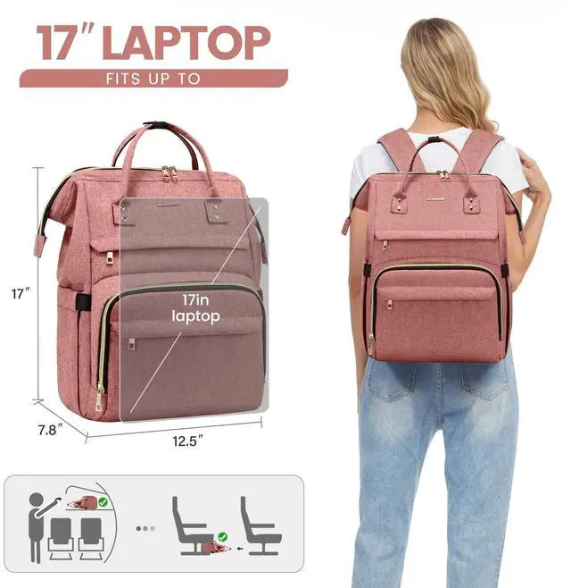Alt view image 5 of 5 - LOVEVOOK Laptop Backpack for Women,17 Inch Professional Womens Travel Backpack Purse Computer Laptop Bag Nurse Teacher Backpack,Waterproof College Work Bags Carry on Back Pack with USB Port,Light-pink