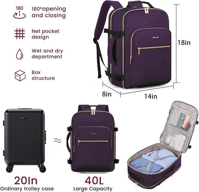 Alt view image 3 of 5 - LOVEVOOK 40L Large Travel Backpack for Women Men, 17 Inch Carry on Backpack for Traveling on Airplane, Personal Item Travel Bag Airline Approved, Business Causal Weekender Backpack, Purple-Black