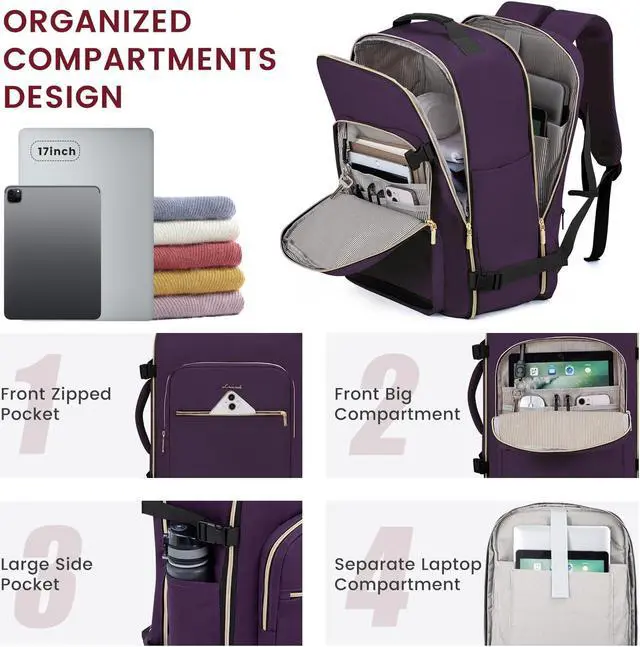Alt view image 2 of 5 - LOVEVOOK 40L Large Travel Backpack for Women Men, 17 Inch Carry on Backpack for Traveling on Airplane, Personal Item Travel Bag Airline Approved, Business Causal Weekender Backpack, Purple-Black