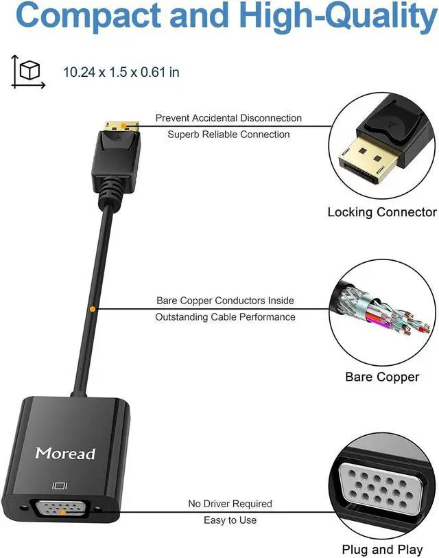 Alt view image 3 of 5 - Moread DisplayPort (DP) to VGA Adapter, 5 Pack, Gold-Plated Display Port to VGA Adapter (Male to Female) Compatible with Computer, Desktop, Laptop, PC, Monitor, Projector, HDTV - Black