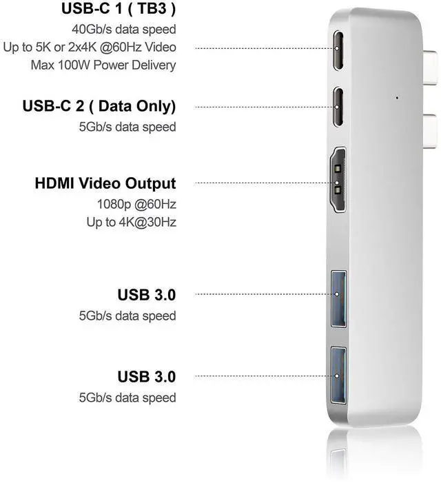 Alt view image 2 of 5 - Purgo Mini USB C Hub Adapter Dongle for 2025/2024-2020 MacBook Air 13" 15" M4 M3-M1, MacBook Air USB Adapter with 4K HDMI, 100W PD, 40Gbps TB3 5K@60Hz, USB-C and 2 USB 3.0 (Silver)