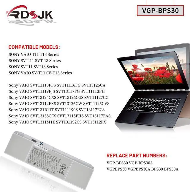 Alt view image 3 of 5 - VGP-BPS30 Laptop Battery for Sony VAIO T11 T13 SVT-11 SVT-13 SVT11 SVT13 VAIO SVT111 SVT131 SVT1112 SVT1311 SVT1312 SVT13117ECS SVT13112FX Series SVT131A11L SVT131B11M SVT131A11M VGP-BPS30A 11.1V 45Wh