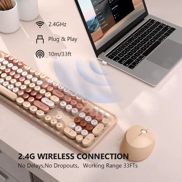 Alt view image 2 of 5 - Wireless Keyboard and Mouse Combo, MOFII Full-Size Retro Round Keyboard and Mouse, 2.4 GHz Wireless, Plug and Play, 8 Multimedia & Shortcut Keysfor Mac, Windows, Laptop/Desktop/PC (Creamy)