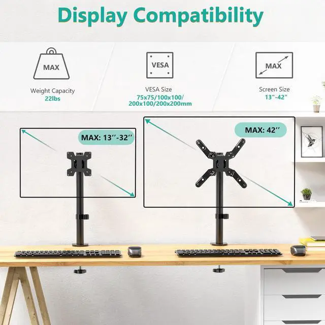 Alt view image 3 of 5 - WALI Single Monitor Mount for 1 Computer Screen up to 42 inch, Fully Adjustable Monitor Arm Holds up to 22 lbs, Mounting Holes up to 200x200mm (M001SXL), Black