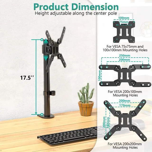 Alt view image 4 of 5 - WALI Single Monitor Mount for 1 Computer Screen up to 42 inch, Fully Adjustable Monitor Arm Holds up to 22 lbs, Mounting Holes up to 200x200mm (M001SXL), Black