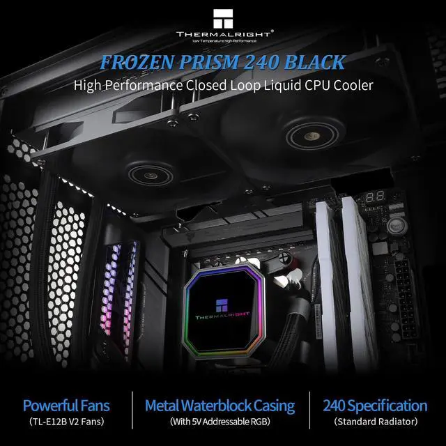 Alt view image 2 of 5 - Thermalright Frozen Prism 240 Black Liquid CPU Water Cooler with 120mm PWM Fan,240 Black Cold Row Specification,Integrated Water-Cooler Heatsink for AM4/AM5,Intel LGA1700/1851/1150/1151/1200/2011