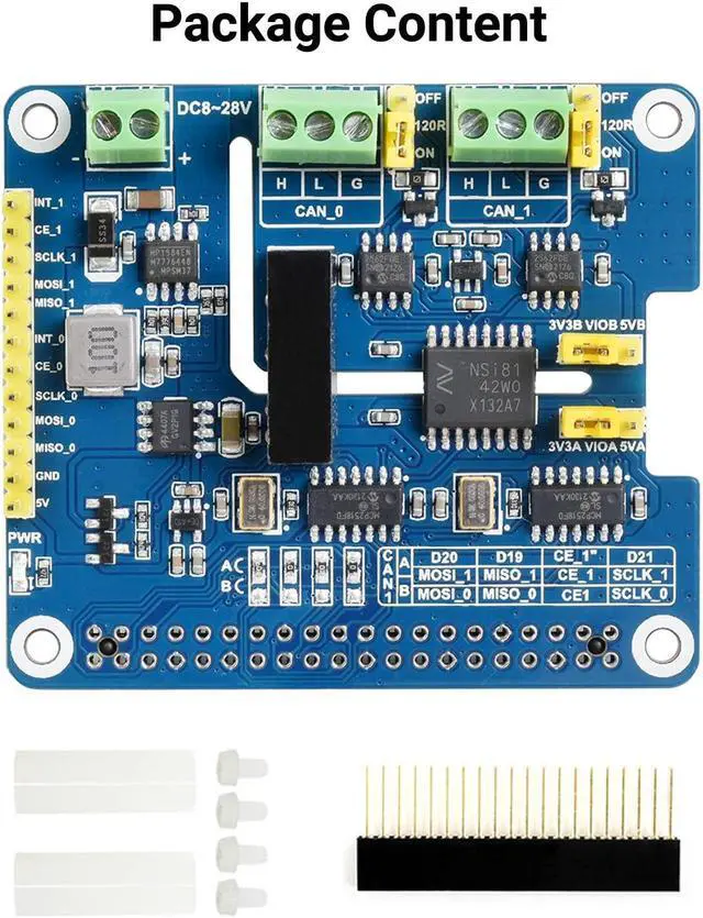 Alt view image 2 of 5 - Waveshare 2-Channel Isolated CAN FD Expansion HAT, Compatible with Raspberry Pi 5/4B/3B/Zero/Zero W/Zero 2W/Pico/Pico W/Pico WH, CAN FD Support Multi Onboard Protection Circuits