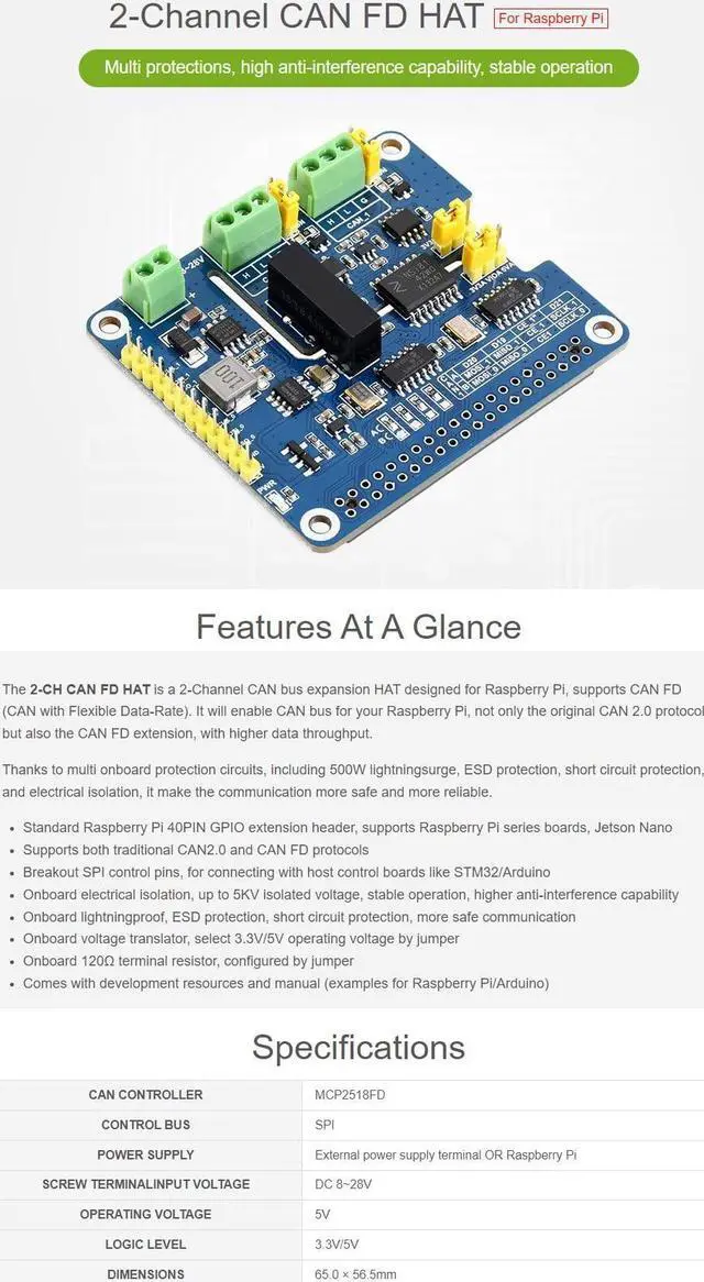 Alt view image 3 of 5 - Waveshare 2-Channel Isolated CAN FD Expansion HAT, Compatible with Raspberry Pi 5/4B/3B/Zero/Zero W/Zero 2W/Pico/Pico W/Pico WH, CAN FD Support Multi Onboard Protection Circuits