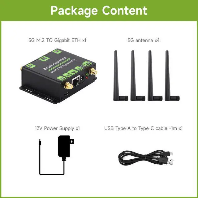 Alt view image 2 of 5 - Waveshare 5G M.2 to Gigabit Ethernet Converter, 5G M.2 to USB3.1, Aluminum Alloy Case, Wall-Mount Support, Quad Antennas, Onboard M.2 Key B Interface, USB3.1 Port