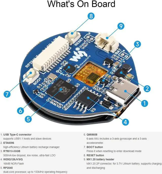 Alt view image 3 of 5 - waveshare RP2040 MCU Board with 1.28inch Touch Round LCD 240x240 Pixels 65K Colorful IPS LCD Display for Clear Color Pictures,Based on Raspberry Pi RP2040 Dual-Core Arm Cortex M0+ Processor