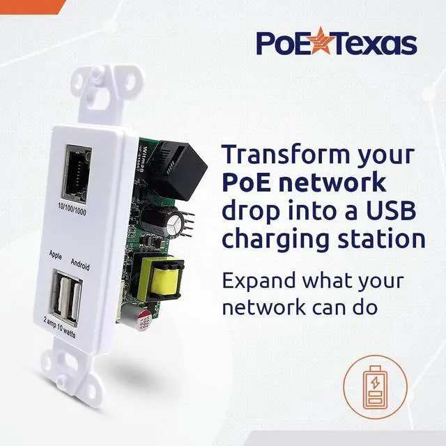 Alt view image 2 of 5 - PoE Texas Gigabit PoE Splitter in-Wall Outlet with Fast 5V USB Charging Port x 2 and RJ45 Data Output for PCs, Laptops, or Any Wired Data Device