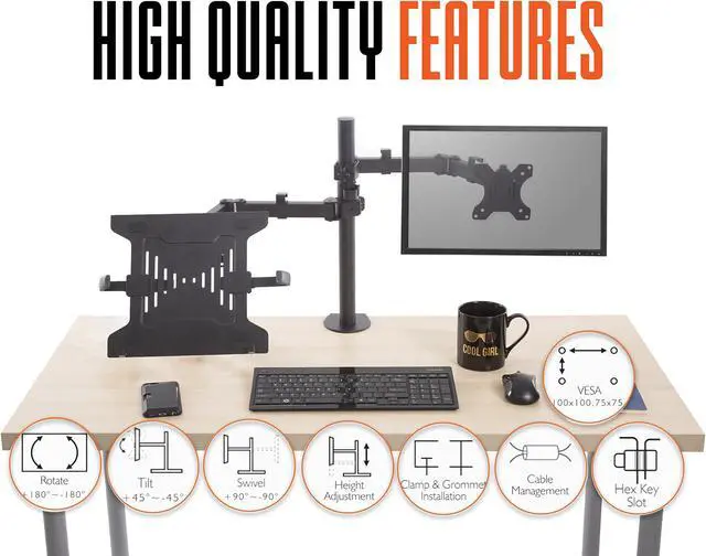 Alt view image 3 of 5 - Stand Steady Monitor Mount + Laptop Stand | Height Adjustable Monitor and Keyboard Stand with Full Articulation and Desk Clamp Or Grommet | VESA Mount 13-32 inches (Arm + Laptop Clamp)