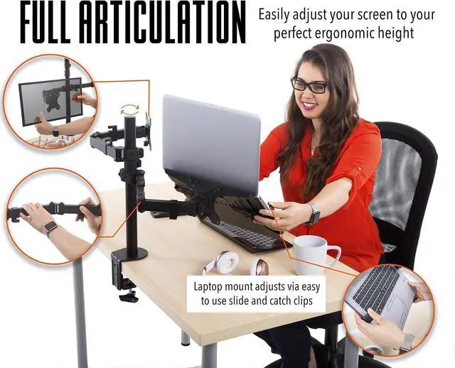 Alt view image 4 of 5 - Stand Steady Monitor Mount + Laptop Stand | Height Adjustable Monitor and Keyboard Stand with Full Articulation and Desk Clamp Or Grommet | VESA Mount 13-32 inches (Arm + Laptop Clamp)
