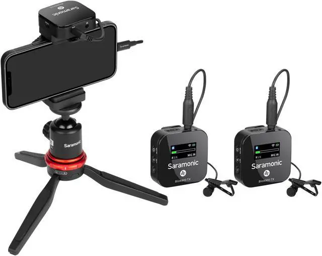 Alt view image 5 of 5 - Saramonic 2-Person Wireless Mic System with Premium Lavaliers for Cameras, Mobile Devices & More with Charging Case and TRS, TRRS, Lightning, USB-C Output Cables (Blink 900 B2) (Blink900 B2)