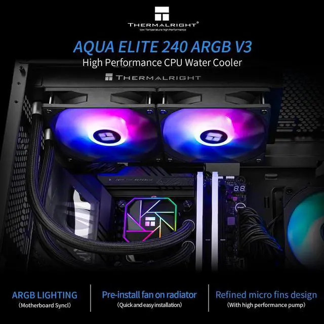 Alt view image 3 of 5 - Thermalright Aqua Elite 240 V3 Water Cooling CPU Cooler, Double PWM ARGB Fans with S-FDB Bearings,Efficient PWM Controlled Pump,for AMD/AM4/AM5, Intel LGA1150/1151/1200/2011/1700, (AE240 V3)