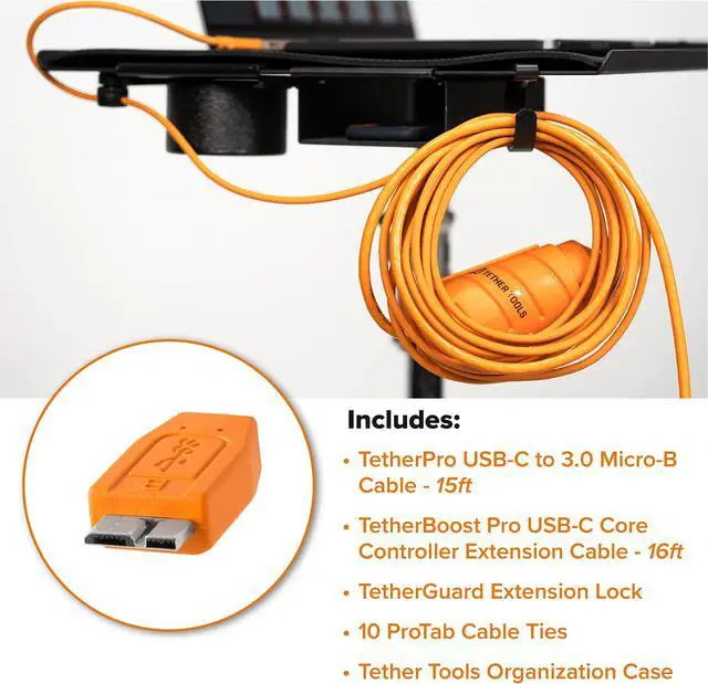 Alt view image 2 of 5 - Tether Tools TetherBoost Pro USB-C Cable System 31 ft. (9.4m) with Core Controller, & TetherGuard Extension Lock (USB-C to Micro-B) - Orange