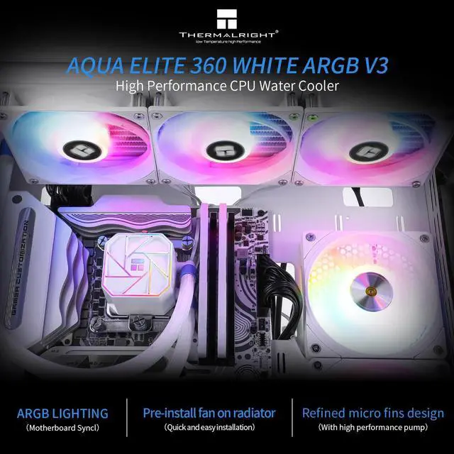 Alt view image 4 of 5 - Thermalright Aqua Elite 360 White V3 Water Cooling CPU Cooler 3 PWM ARGB Fans with S-FDB Bearings,Efficient PWM Controlled Pump,for AMD/AM4/AM5, Intel LGA1150/1151/1200/2011/1700, (AE360 White V3)