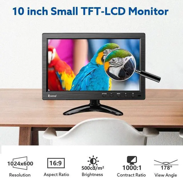 Alt view image 2 of 5 - Eyoyo 10 Inch Monitor 1024x600 Small Display HD TFT LCD Display Screen Support AV VGA BNC HDMI Video Input for CCTV DVD PC DVR with Speakers and Remote Control
