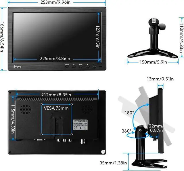 Alt view image 5 of 5 - Eyoyo 10 Inch Monitor 1024x600 Small Display HD TFT LCD Display Screen Support AV VGA BNC HDMI Video Input for CCTV DVD PC DVR with Speakers and Remote Control