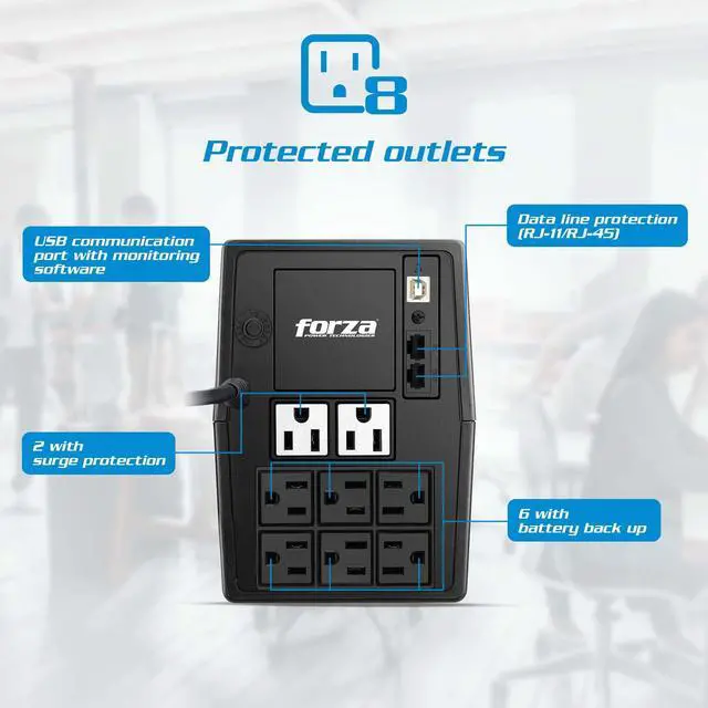 Alt view image 4 of 5 - Forza Smart UPS Battery Backup & Surge Protector with 8 Outlets 1000VA (600W) Interactive Surge Protector with Emergency Battery Backup Power Supply and AVR (1011UL)
