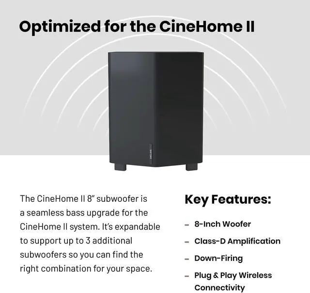 Alt view image 3 of 5 - CineHome II 8" Subwoofer - Plug and Play Wireless Down-Firing Sub Powered by Custom Class-D Digital Amplifier for Deep Bass - for Enclave CineHome II Wireless Home Theater Surround Sound System