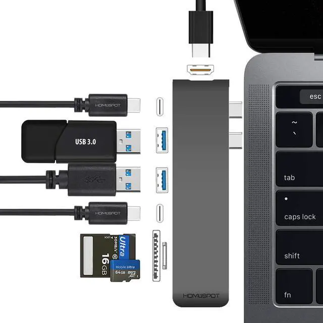 Main image of USB C Hub MacBook Pro HDMI, HomeSpot Aluminum USB Hub for 2018/2019 MacBook Air 2016/2017/2018/2019 MacBook Pro 13" & 15" 4K HDMI, USB 3.1, USB-C Data 50Gbs, SD Micro Card Readers