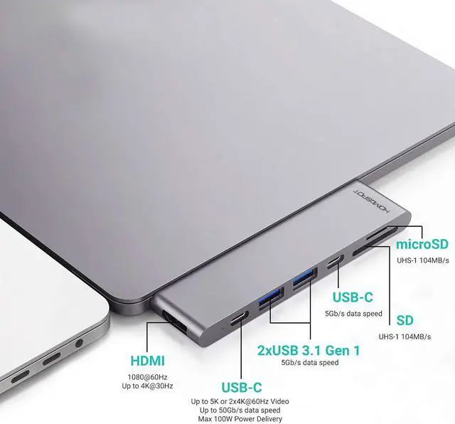 Alt view image 2 of 5 - USB C Hub MacBook Pro HDMI, HomeSpot Aluminum USB Hub for 2018/2019 MacBook Air 2016/2017/2018/2019 MacBook Pro 13" & 15" 4K HDMI, USB 3.1, USB-C Data 50Gbs, SD Micro Card Readers