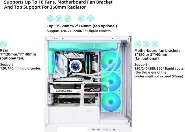 Alt view image 4 of 5 - SAMA NEVIEW 4503 White Airflow Full Tower Case ATX PC Gaming Case Dual Tempered Glass 4X12CM ARGB Fan Pre-Install USB3.0X2 Type C Included 360mm AIO Support at Top