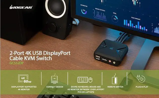 Alt view image 5 of 5 - IOGEAR 2-Port USB DisplayPort Cable KVM Switch - 4K 30Hz - Remote Switch Button - Plug n Play - USB Expandable With USB Hub - 7.1 HD Audio - Mac Win - GCS52DP
