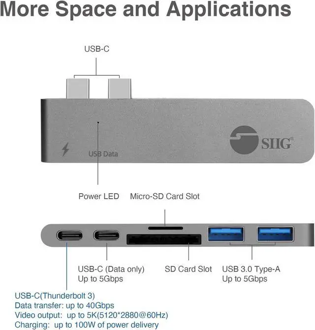 Alt view image 3 of 5 - SIIG Thunderbolt 3 USB Type C Hub Adapter for 13" or 15" MacBook Pro - 5k Video Resolution, 40Gbps Data Speed - USB C Data Port, 2 USB 3.1, SD/Micro SD Card Reader Slot - Space Gray