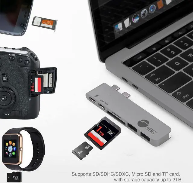 Alt view image 5 of 5 - SIIG Thunderbolt 3 USB Type C Hub Adapter for 13" or 15" MacBook Pro - 5k Video Resolution, 40Gbps Data Speed - USB C Data Port, 2 USB 3.1, SD/Micro SD Card Reader Slot - Space Gray