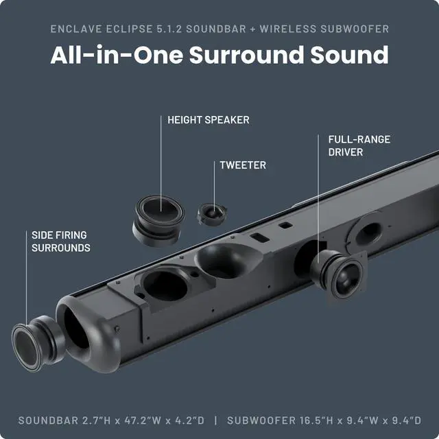 Alt view image 4 of 5 - Enclave Eclipse 5.1.2 Dolby Atmos Soundbar with 8 Wireless Subwoofer - Includes 11 Custom Drivers & 8-Inch Subwoofer for Multidimensional Spatial Sound